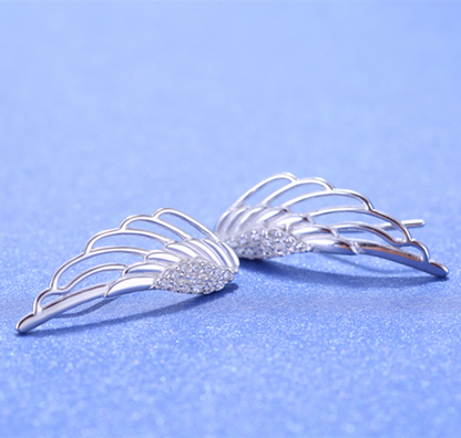 Rhodium on Sterling Silver Crystal Angel Wing Feather Cuff Crawler Climber Earrings