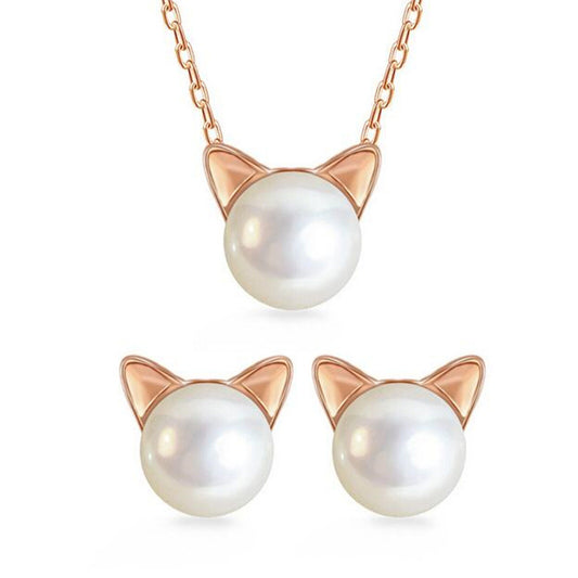 Sterling Silver 7mm Cultured Freshwater Pearl Cat Kitten Stud Earrings Pendant Necklace 3 Tones