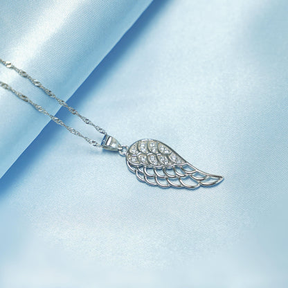 Rhodium twisted chain necklace with rhinestone angel wing pendant