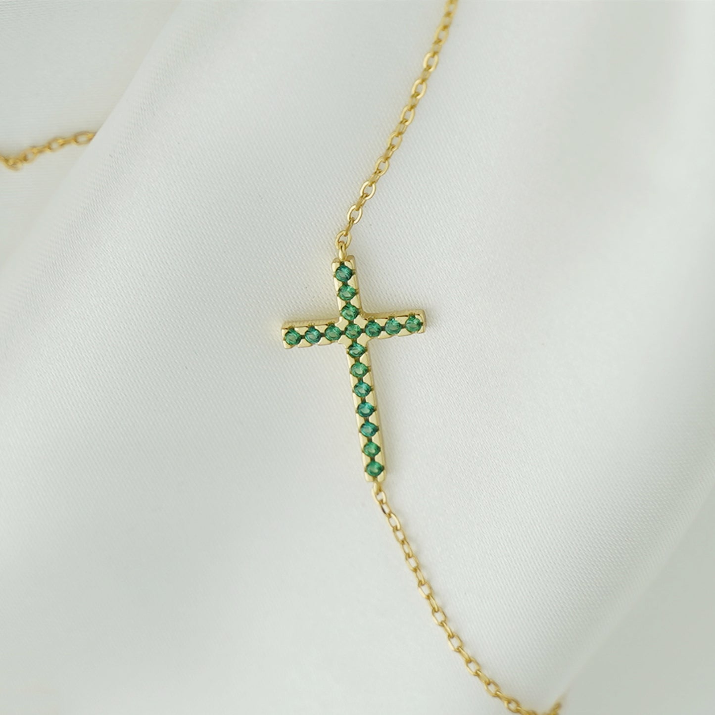 18K Gold on Sterling Silver Green CZ Cross Pendant Necklace - sugarkittenlondon