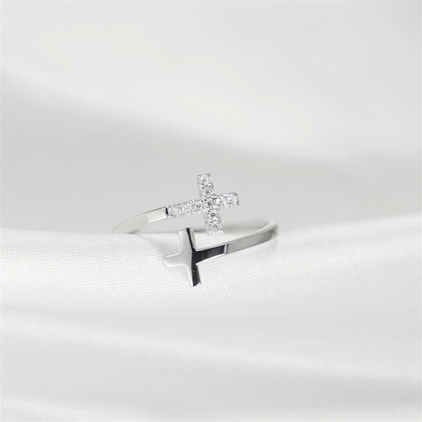 Rhodium on Sterling Silver Double Cross Paved CZ Wrap Open Band Ring - sugarkittenlondon