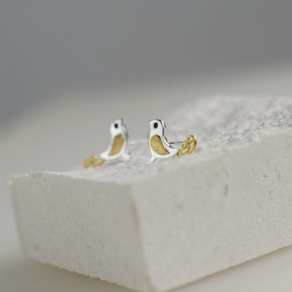 Gold on Sterling Silver Canary Birds with Grooved Wings Stud Earrings - sugarkittenlondon