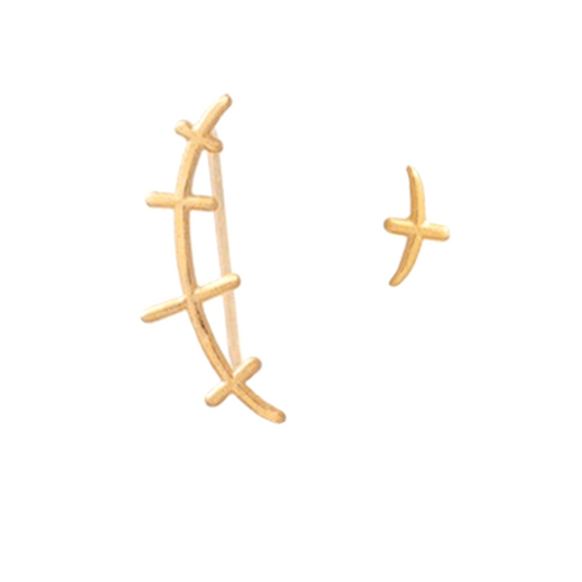 Sterling Silver Asymmetrical Wavy Vine Line Thorn Cross Climber Crawler Earrings 2 Tones Silver / 18K Gold