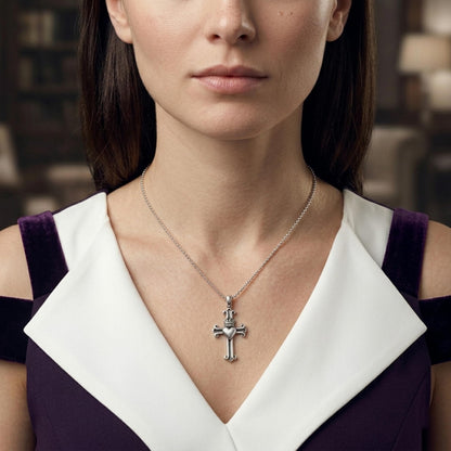 Sterling Silver Oxidised Fleury Claddagh Cross Pendant Heart Crown Love Symbol