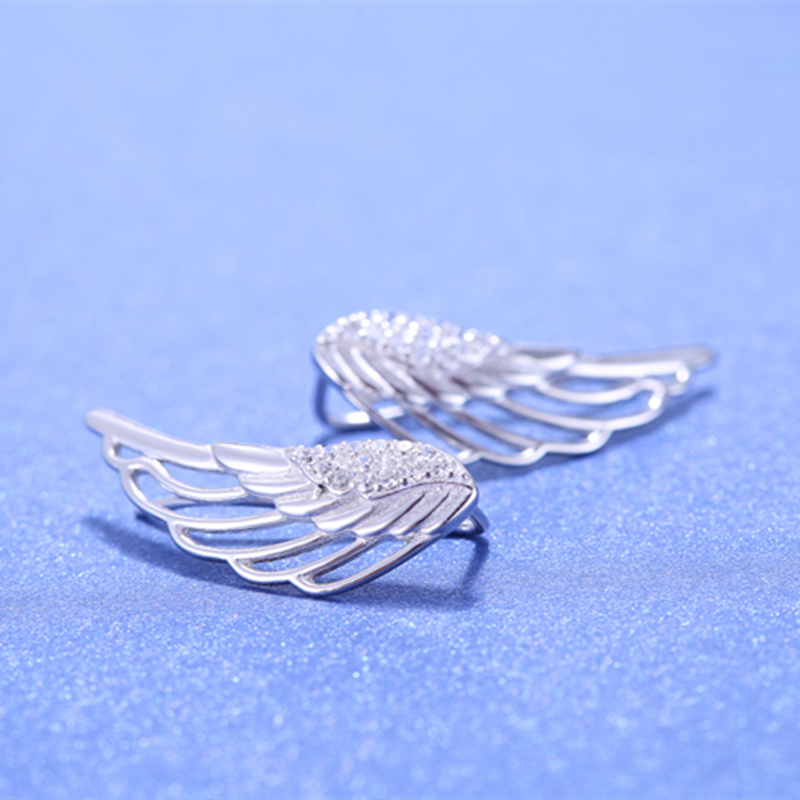Rhodium on Sterling Silver Crystal Angel Wing Feather Cuff Crawler Climber Earrings