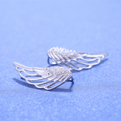 Rhodium on Sterling Silver Crystal Angel Wing Feather Cuff Crawler Climber Earrings