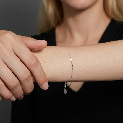 Silver cross anklet bracelet with sideways pendant and small drop charm