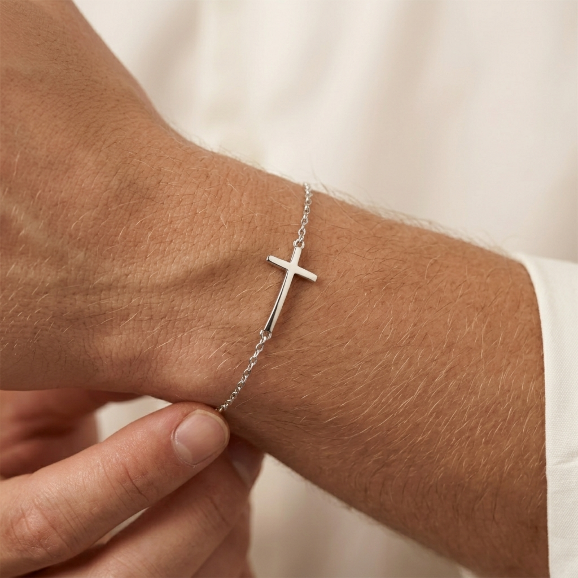 Silver sideways cross anklet bracelet with clasp and chain links