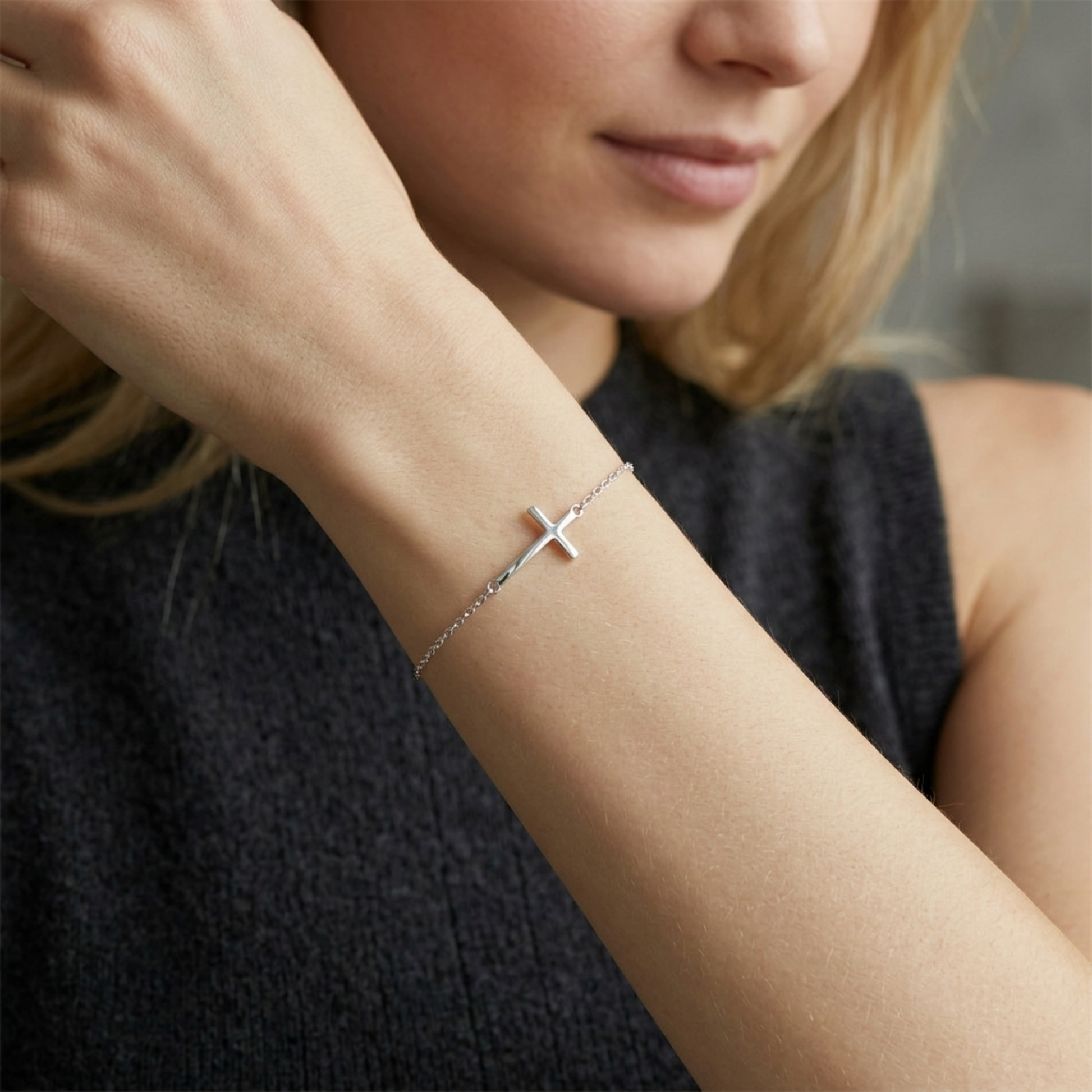 Silver sideways cross anklet bracelet with rectangular cross pendant