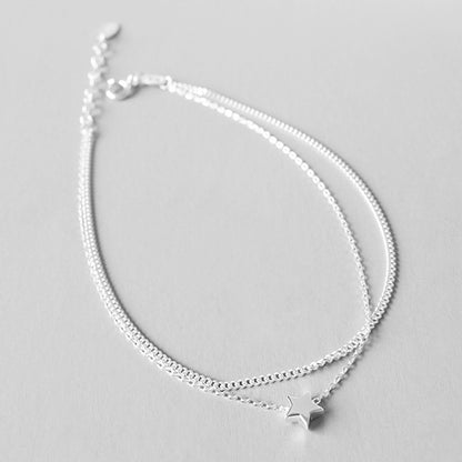 2 Layer Sterling Silver Curb Belcher Chain Anklet with Star Charms - 19cm + 3cm