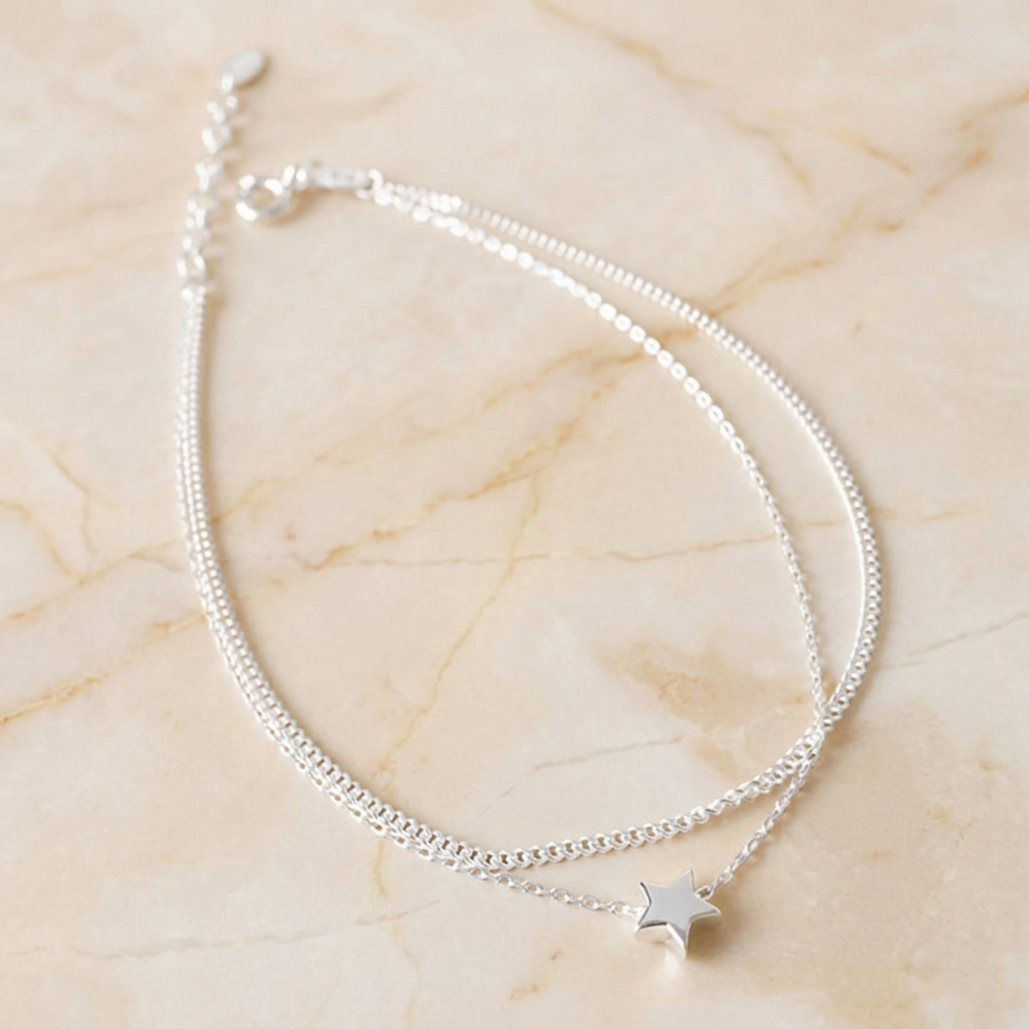 Silver double-layer star anklet with dangling star charm on chain