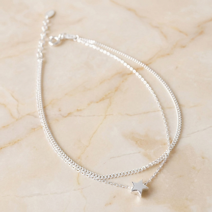 Silver double-layer star anklet with dangling star charm on chain