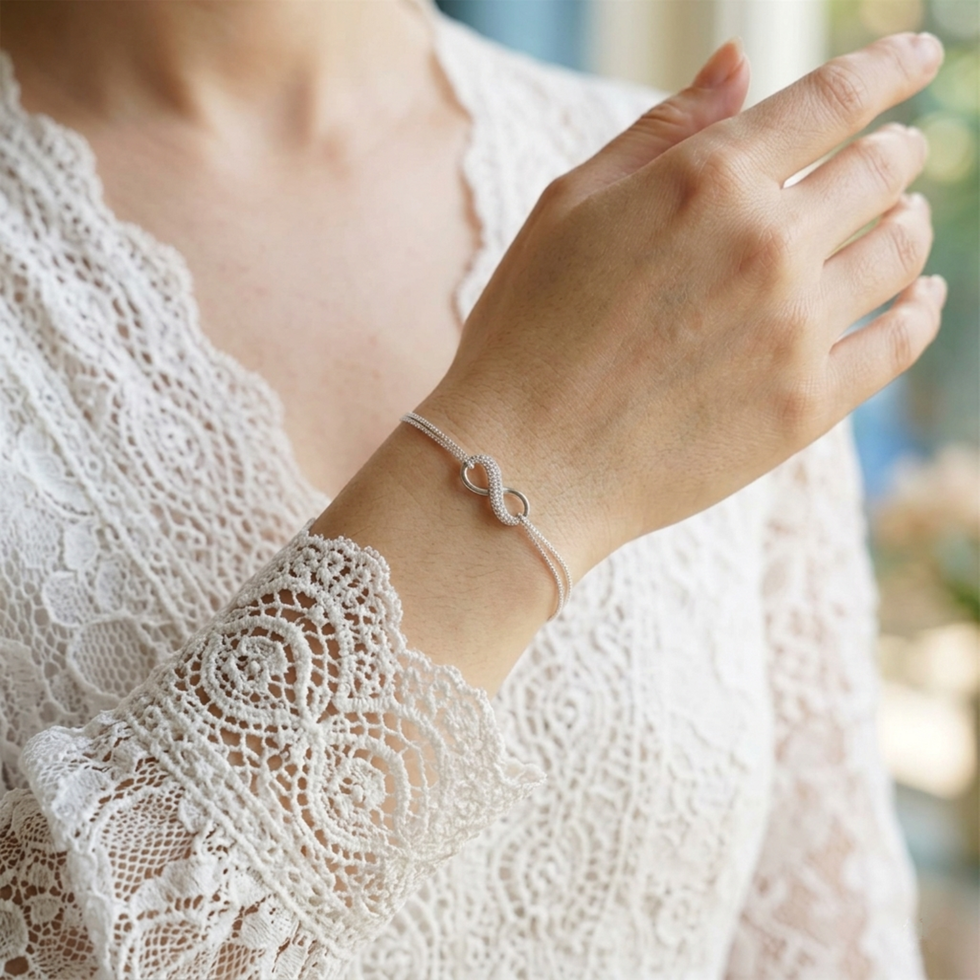 Silver infinity bracelet with oval link charms and chain on wrist