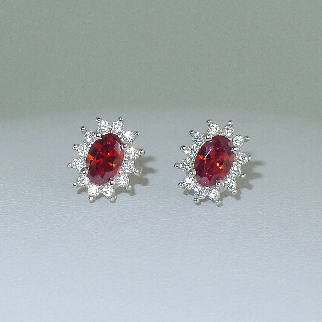 Red Pyrope Garnet Colour CZ Halo Cluster Stud Earrings in Sterling Silver - sugarkittenlondon