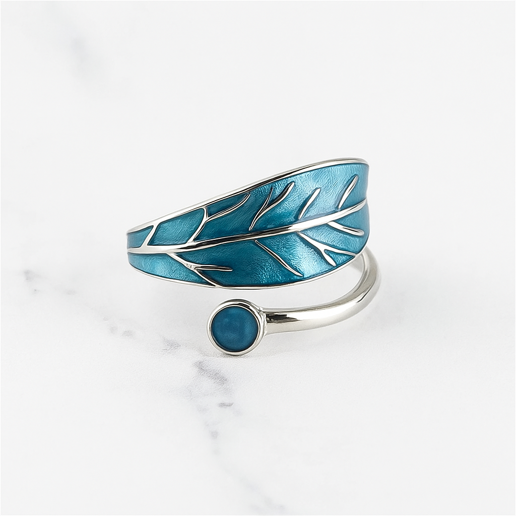 Sterling Silver Glazed Green Blue Tree Leaf Dot Wrap Open Band Ring