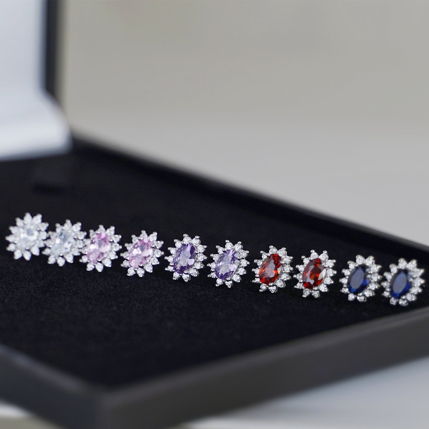 Red Pyrope Garnet Colour CZ Halo Cluster Stud Earrings in Sterling Silver - sugarkittenlondon