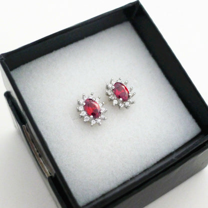 Ruby Halo CZ Red garnet yam Sterling silver earrings silver studs jewellery box - sugarkittenlondon