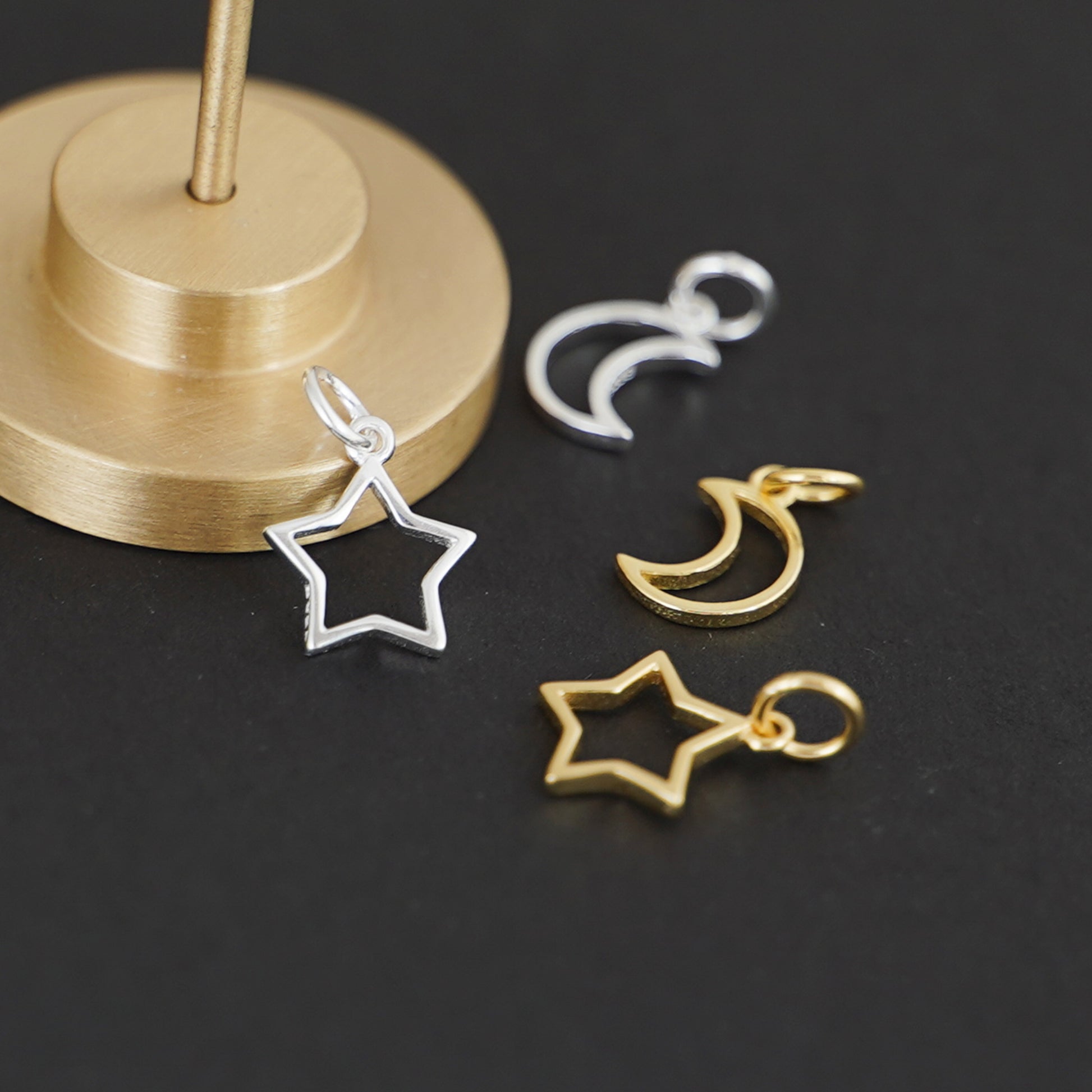 Sterling Silver Hollow Lucky Star Moon Necklace Bracelet DIY Charm Pendant 2 Tones - sugarkittenlondon