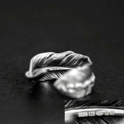 Sterling Silver Wide Mens Unisex Floral Angel Feather Wing Ring with Hallmark 925