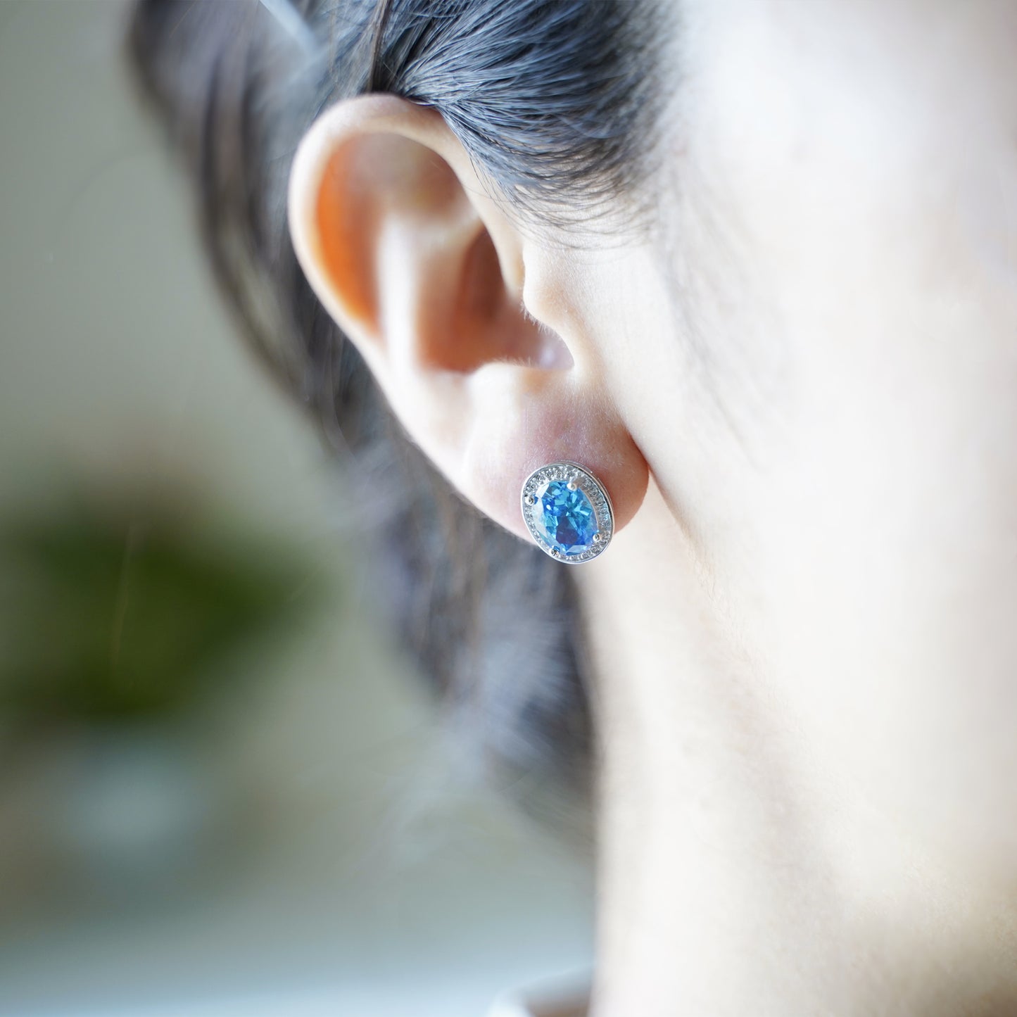 CZ Stud Earrings: Sterling Silver Halo Light Blue Aquamarine Colour