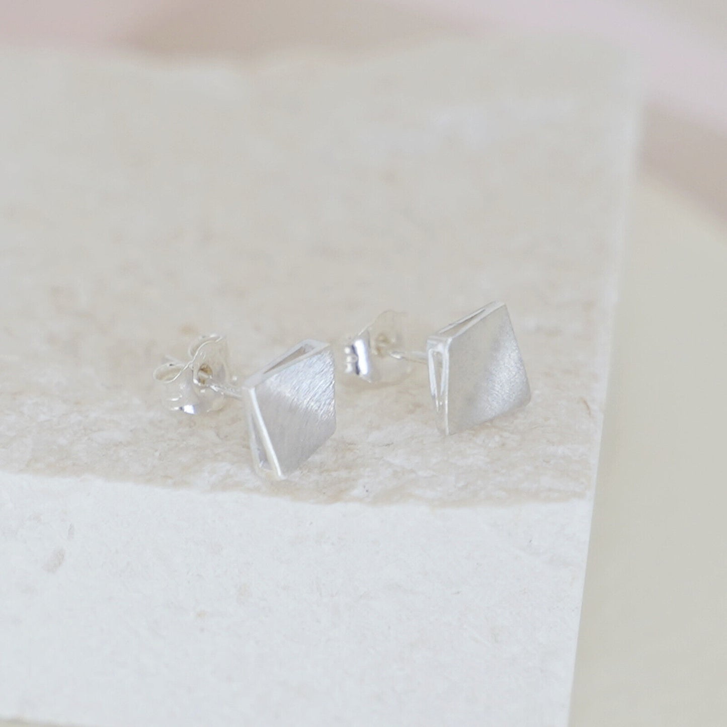 6mm Brushed Square Stud Earrings in 925 Sterling Silver with Bent Corners