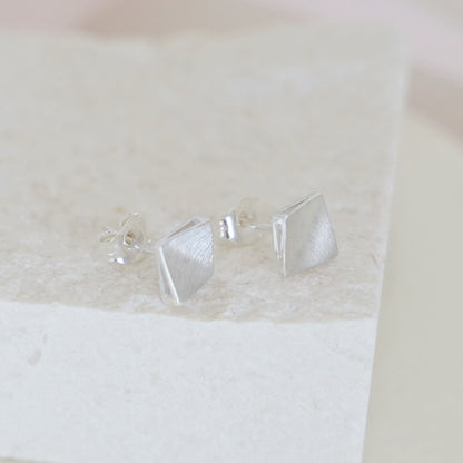 6mm Brushed Square Stud Earrings in 925 Sterling Silver with Bent Corners