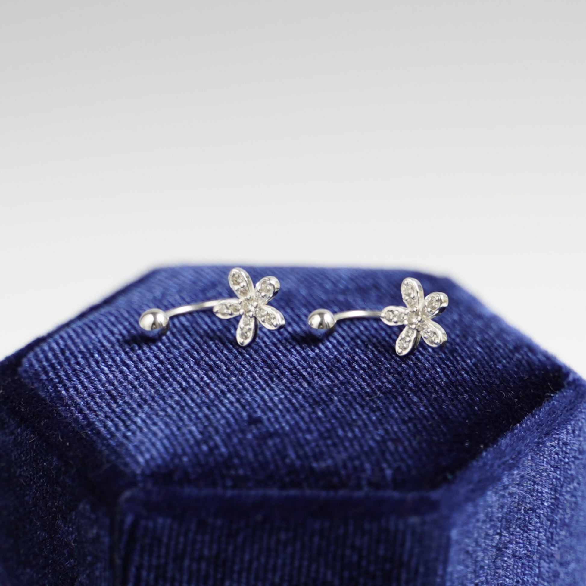 Fine Silver 999 Paved CZ Flower Barbell Bead Ball Screw Back Jacket Earrings - sugarkittenlondon