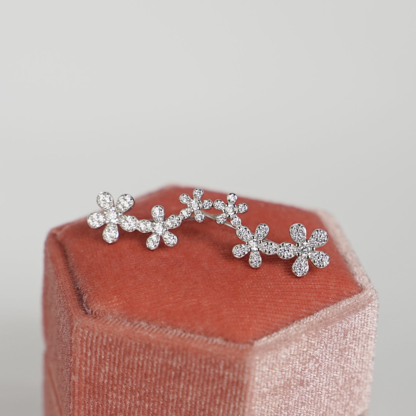 925 Sterling Silver Cuff Climber Earrings with Paved CZ Flowers - sugarkittenlondon