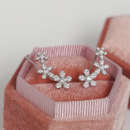 925 Sterling Silver Cuff Climber Earrings with Paved CZ Flowers - sugarkittenlondon