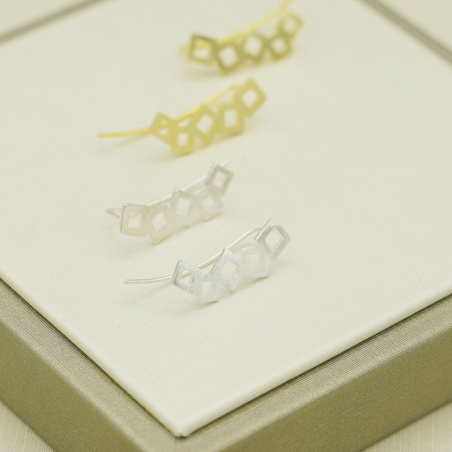 Sterling Silver Geometry Cube Square Curved Climber Crawler Earrings