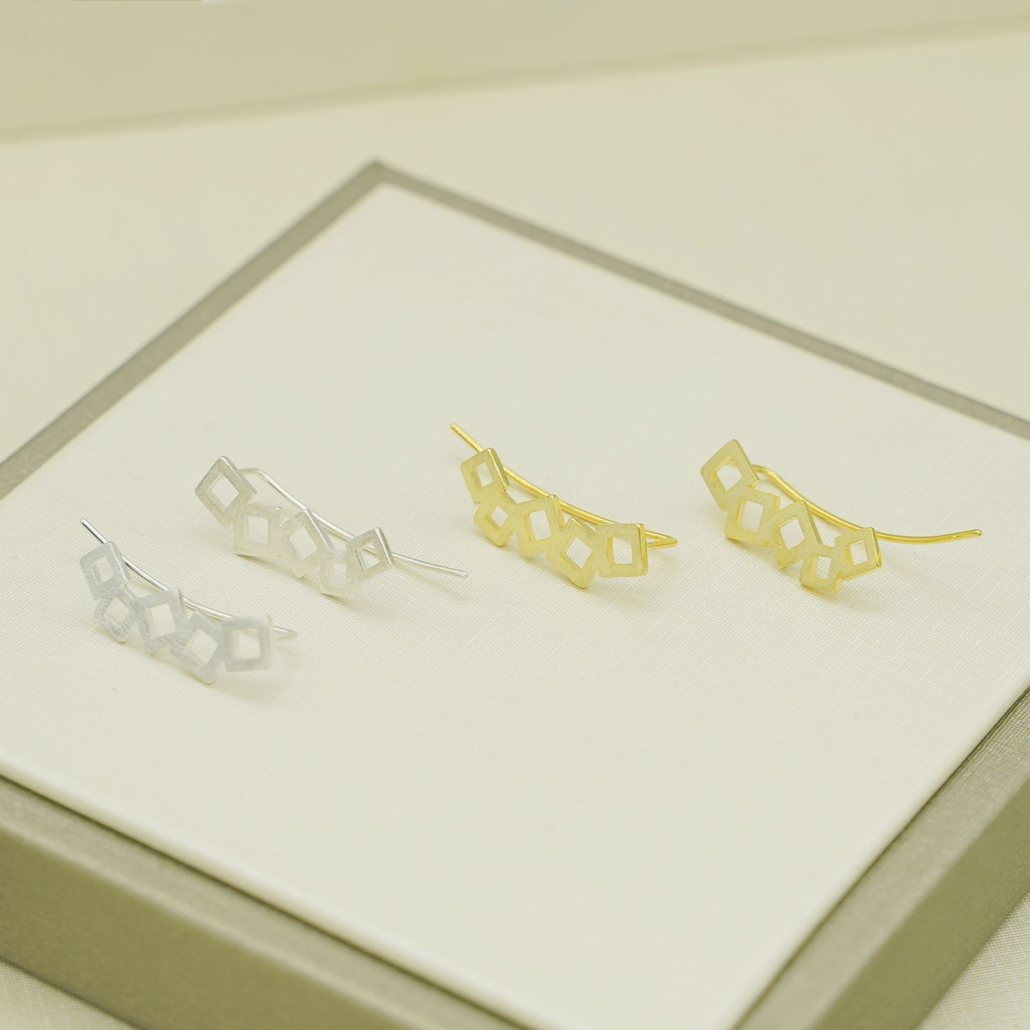 Sterling Silver Geometry Cube Square Curved Climber Crawler Earrings