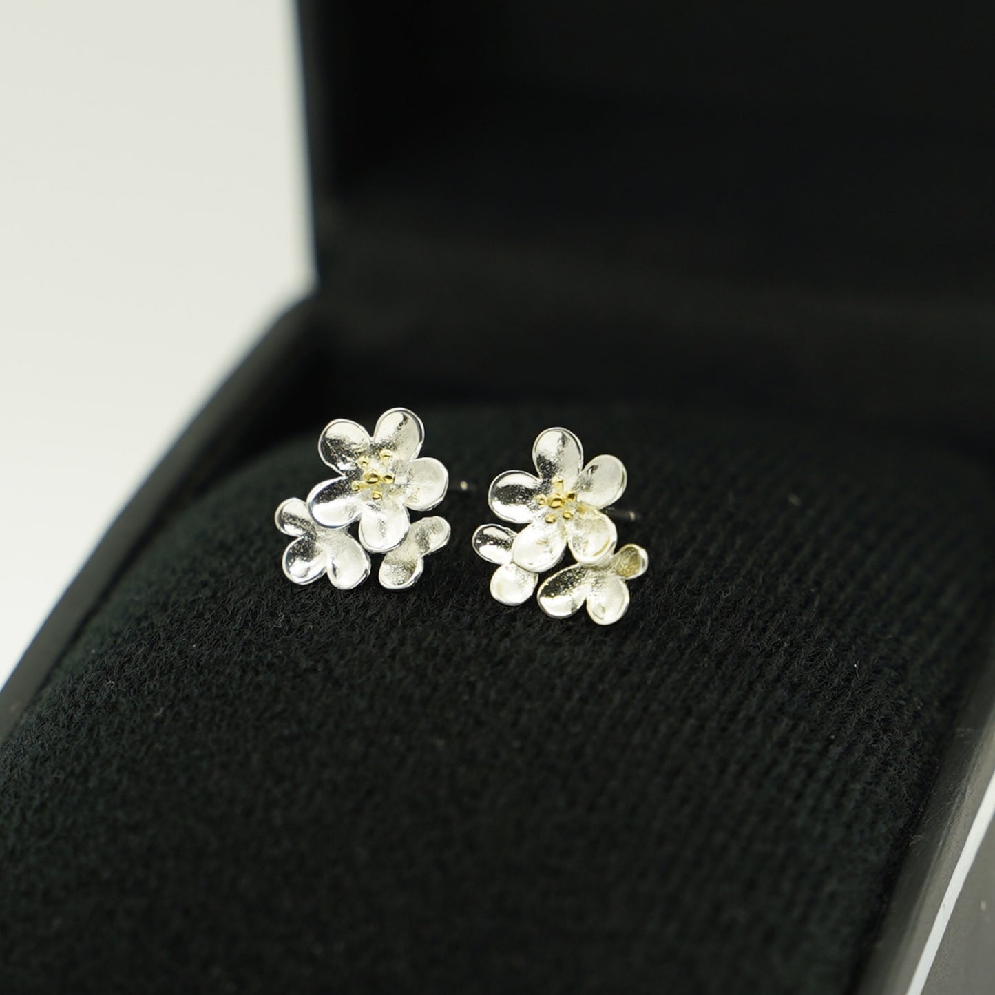 Sterling Silver Cupped Flower Cherry Blossom Cascade Stud Earrings