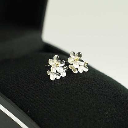 Sterling Silver Cupped Flower Cherry Blossom Cascade Stud Earrings