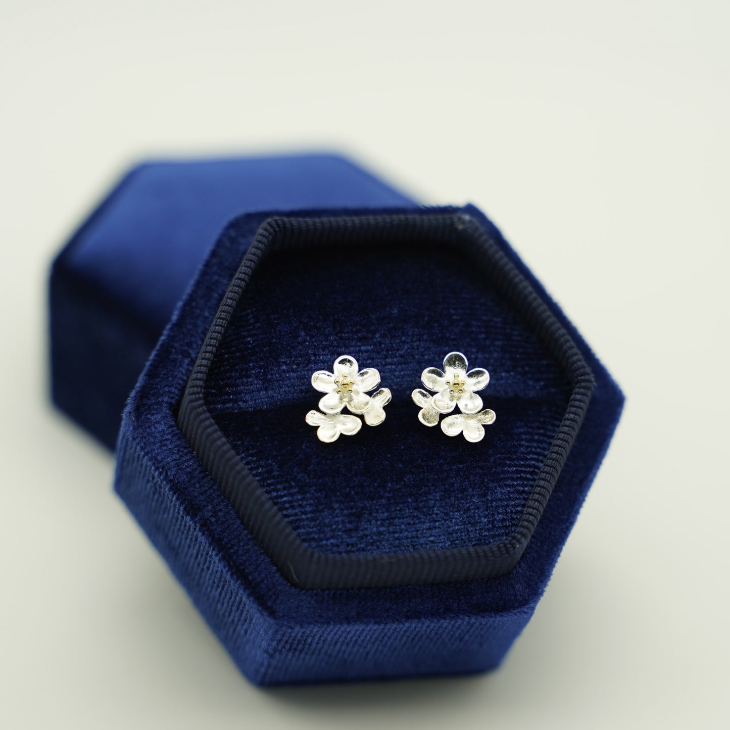 Sterling Silver Cupped Flower Cherry Blossom Cascade Stud Earrings
