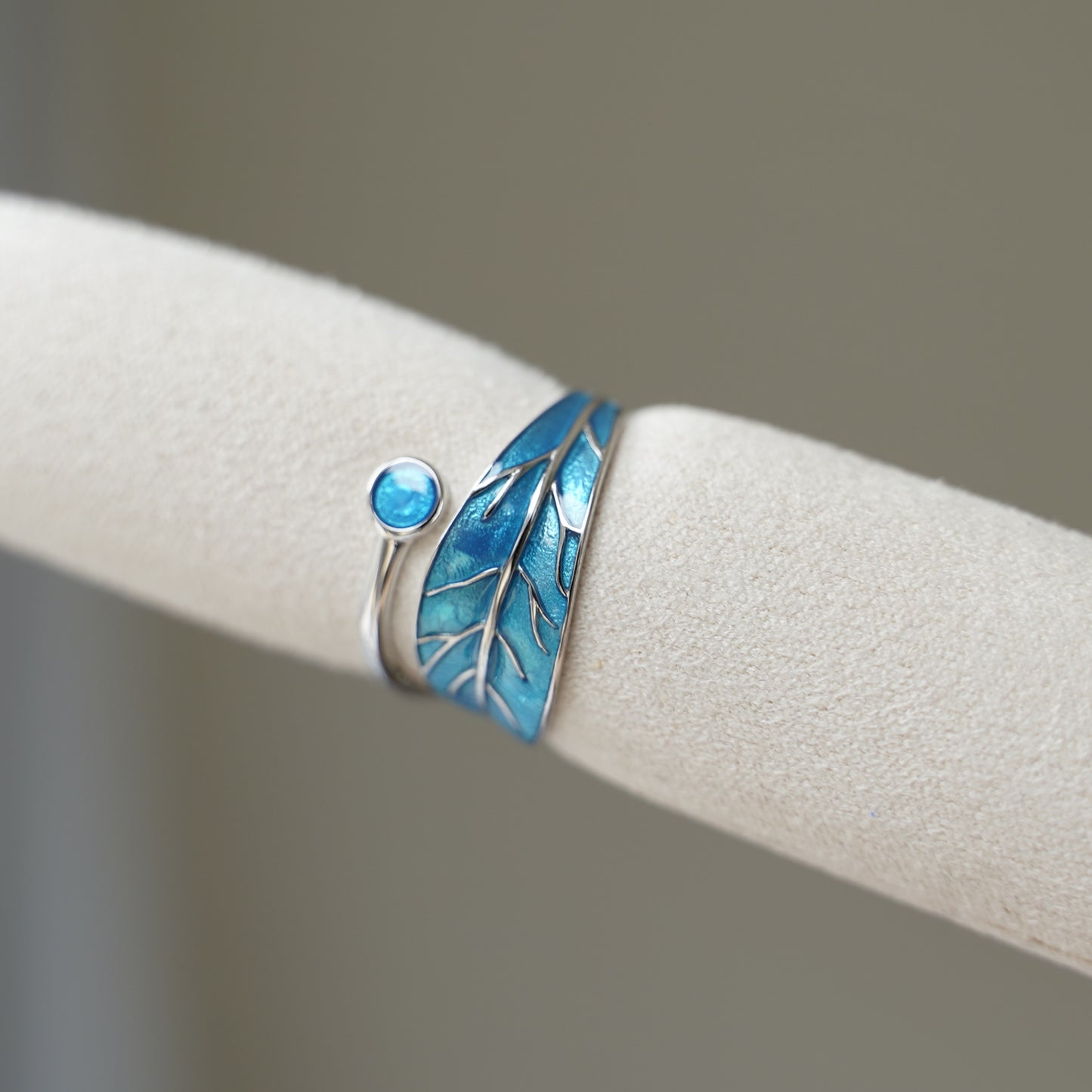 Sterling Silver Glazed Green Blue Tree Leaf Dot Wrap Open Band Ring