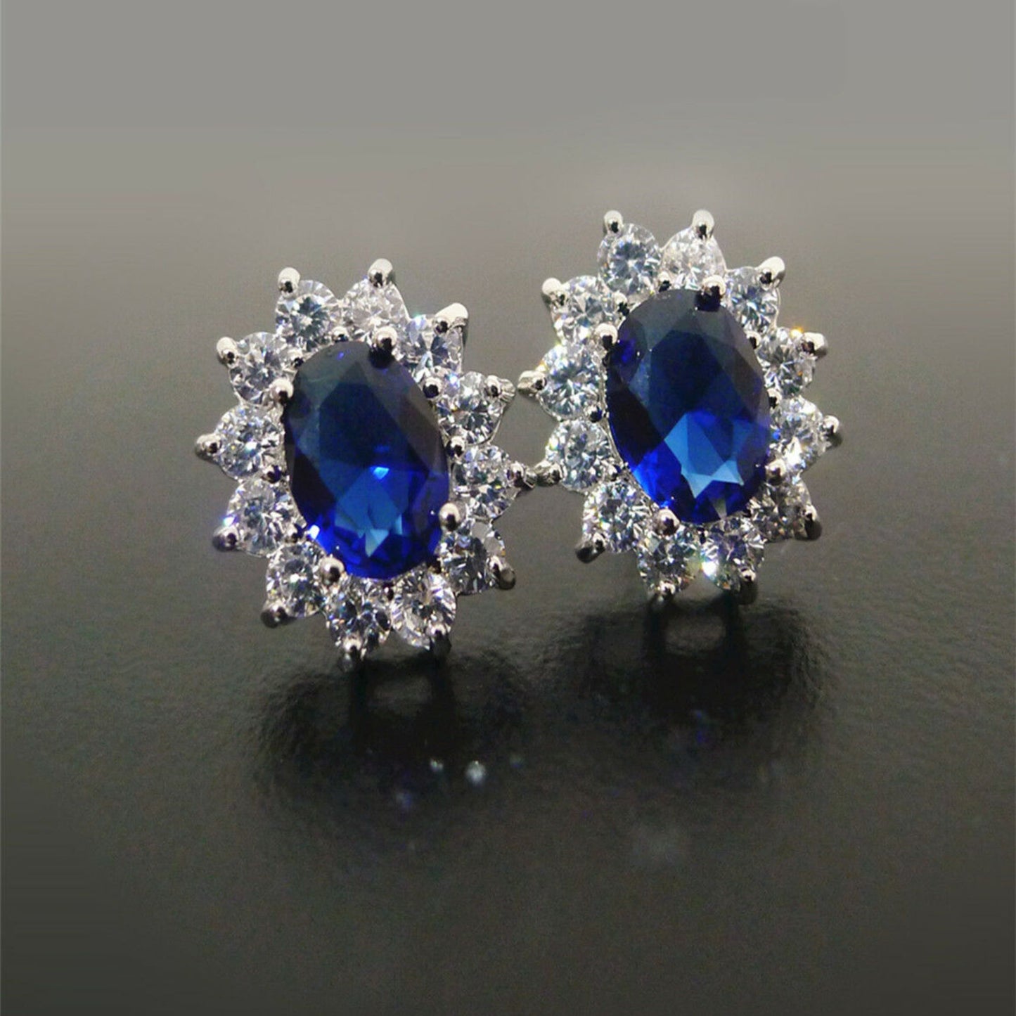 Blue Sapphire Colour CZ Cluster Stud Earrings in Sterling Silver - sugarkittenlondon