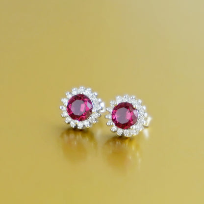 Red sterling silver ruby cut CZ halo round studs earring jewellery
