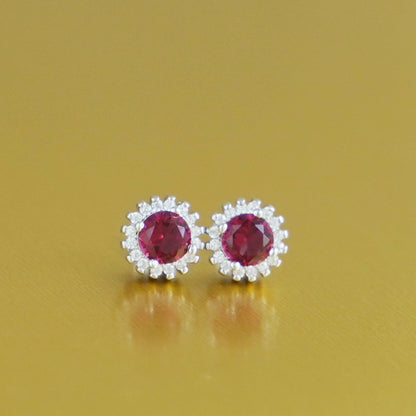 Red sterling silver ruby cut CZ halo round studs earring jewellery