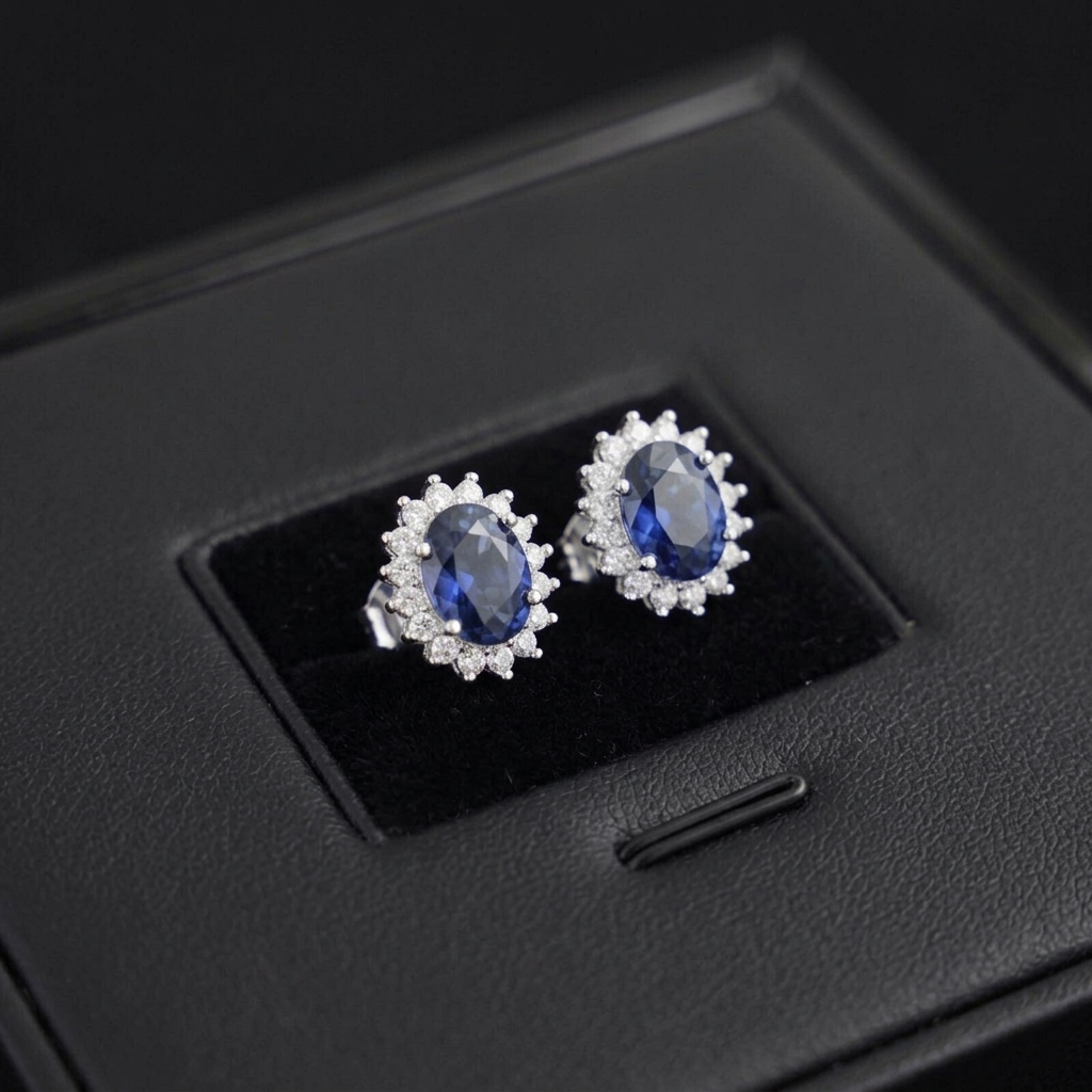 Oval sapphire cluster stud earrings with crystal halo, silver-tone setting