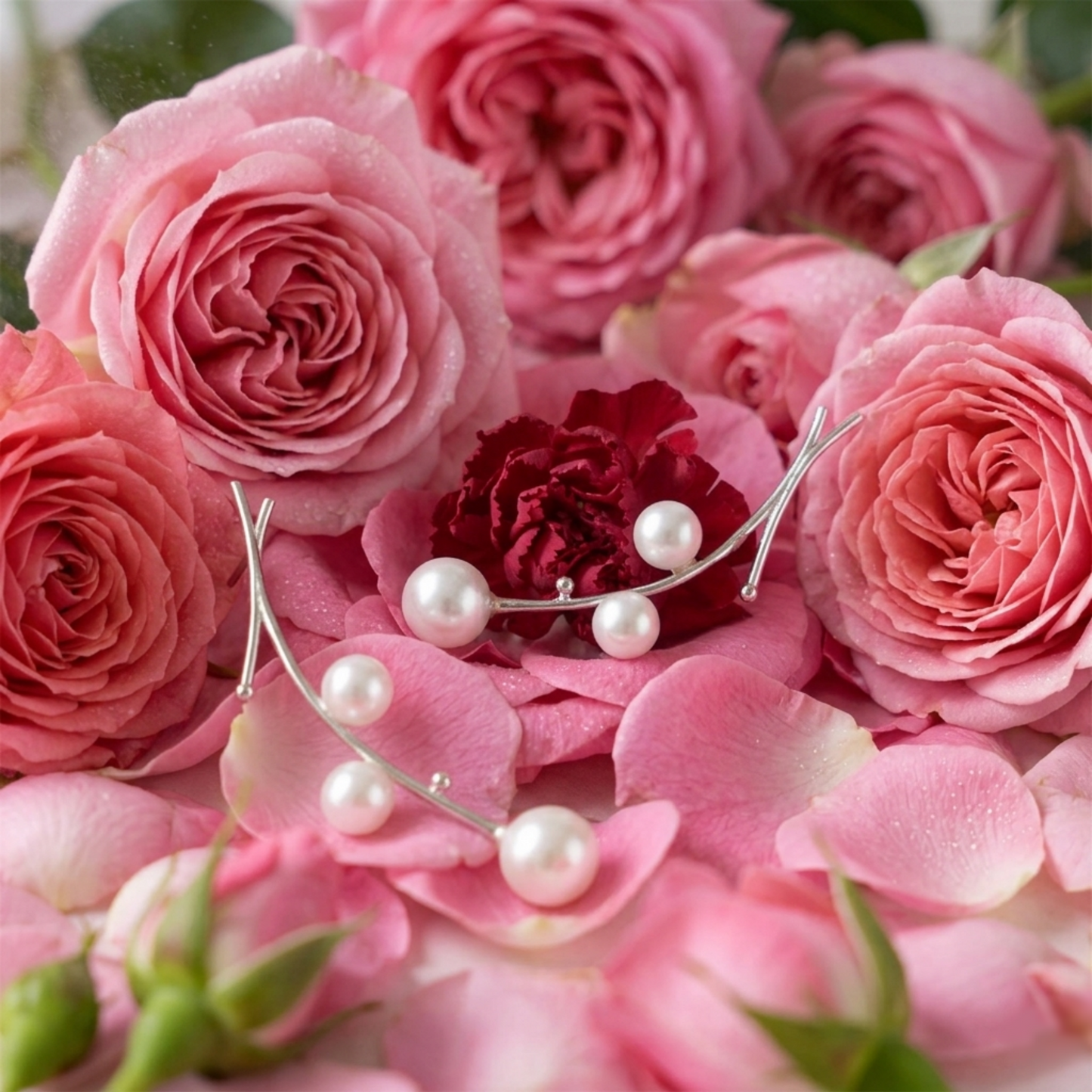 Pearl drop earrings nestled among pink roses, white pearls on slender silver wires