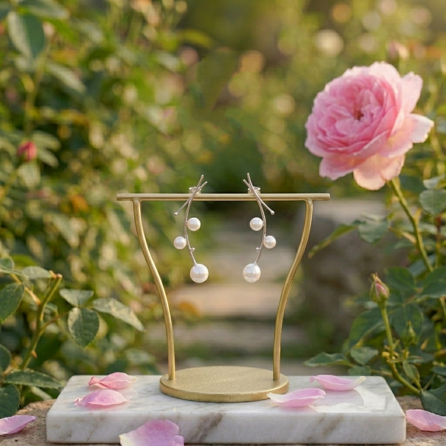 Pearl mistletoe drop earrings: curved metal bar with dangling white pearls