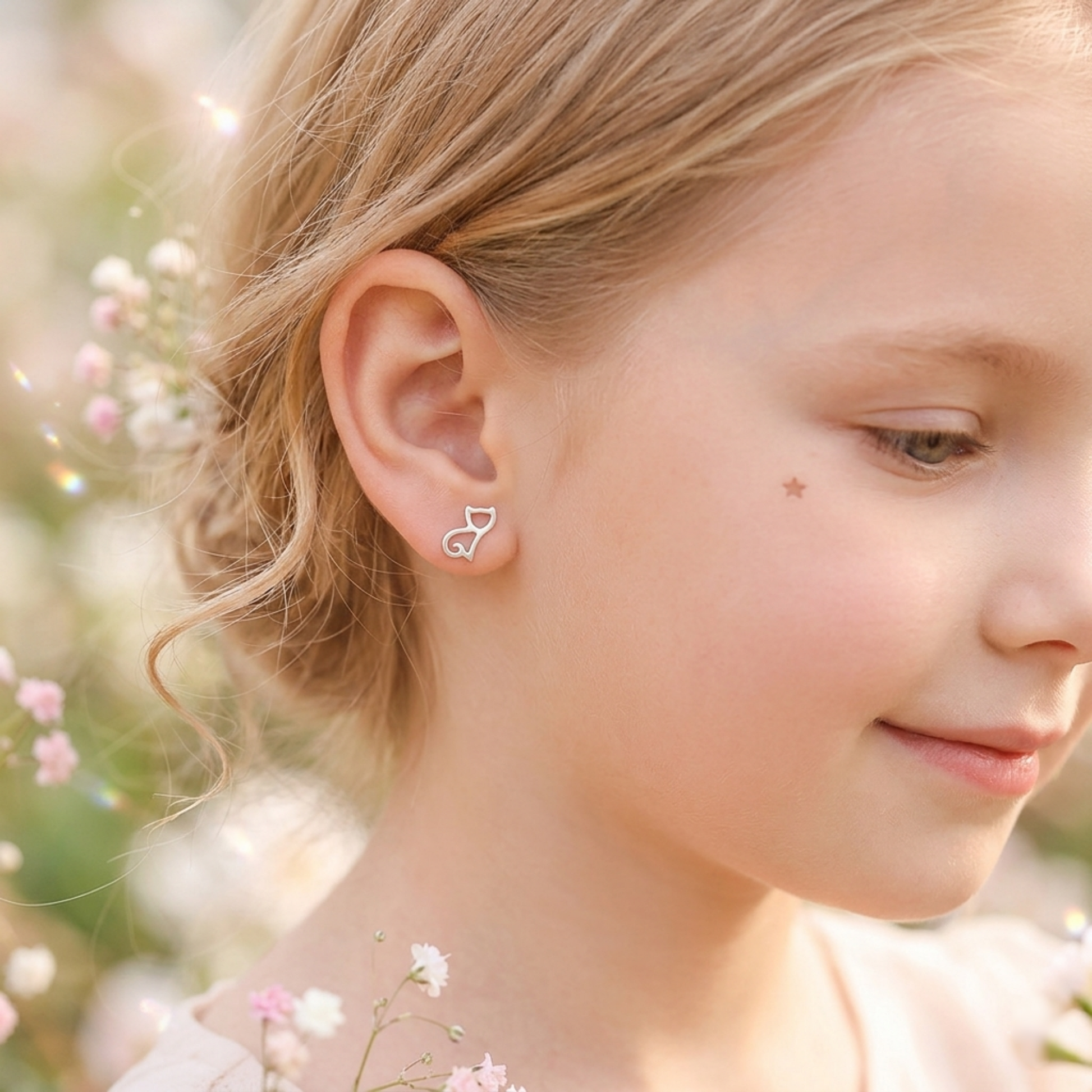 Cat-shaped silver stud earring on ear, outline design with curled tail