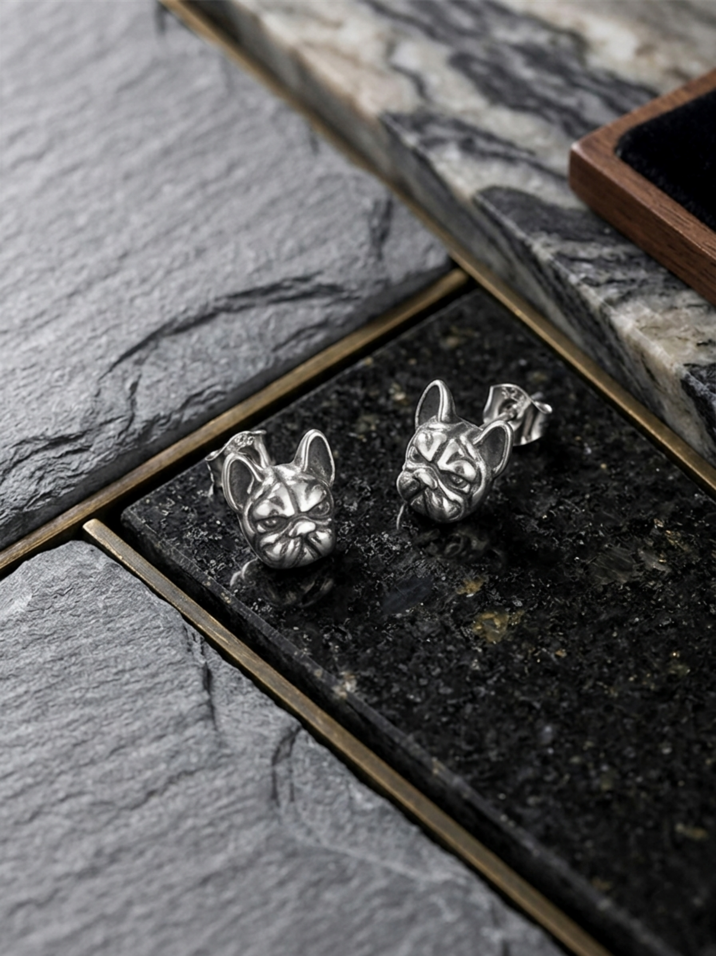 Oxidised bulldog stud earrings in open box, silver-tone dog face studs