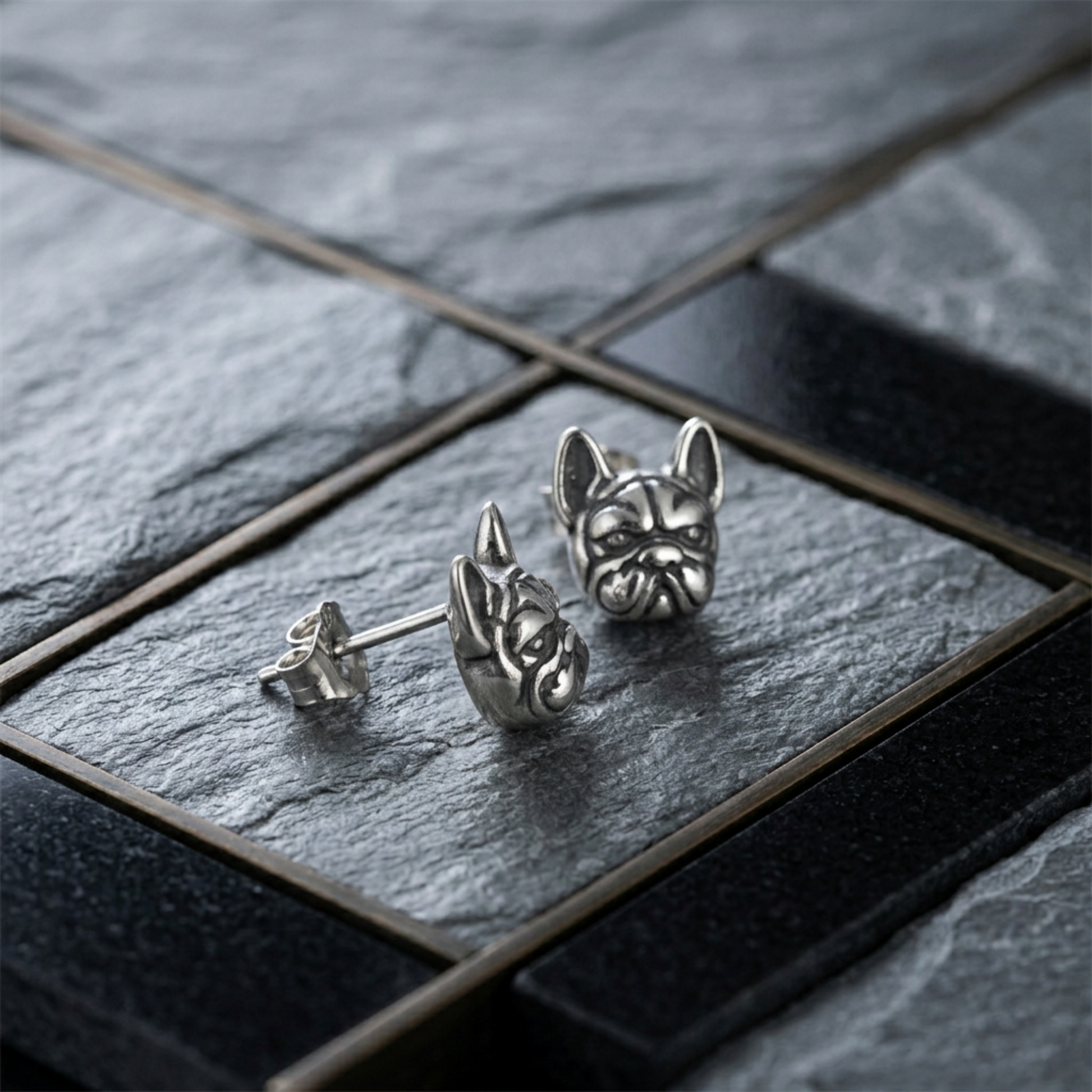 Oxidised bulldog stud earrings set in tray, silver-tone dog face studs