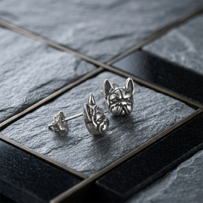 Oxidised bulldog stud earrings set in tray, silver-tone dog face studs