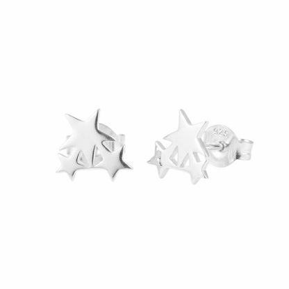 Silver triple star stud earrings with butterfly back, front view