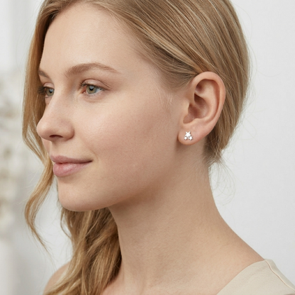 Silver triple star stud earrings on model’s ear, side profile