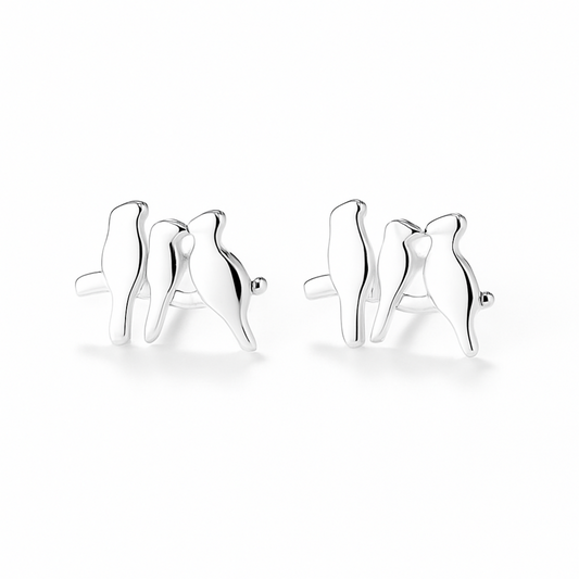Sterling Silver Solid Three Birds on a Branch Line Post Stud Earrings
