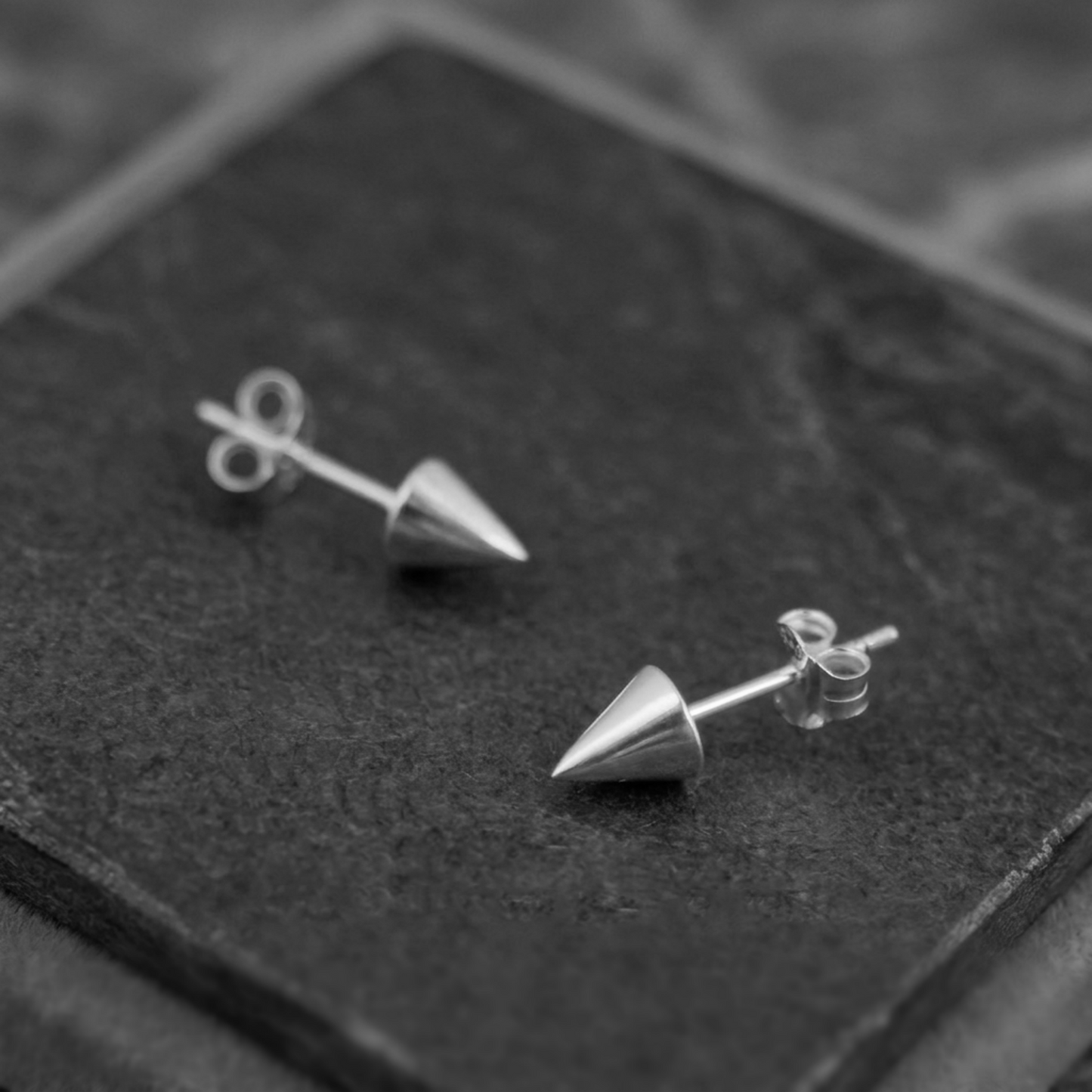Cone spike stud earrings, silver-tone pointed studs with butterfly back and post