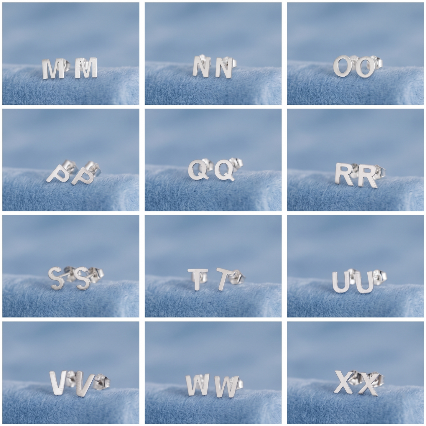 Alphabet letter stud earrings display, silver-tone pair studs for M–X